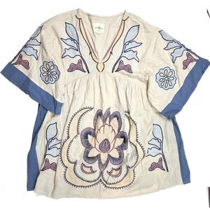 Umgee Blue & Biege Floral Embroidered Boho V Neck Mini Dress Women's Size Small